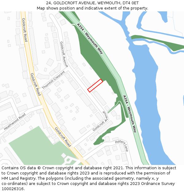 24, GOLDCROFT AVENUE, WEYMOUTH, DT4 0ET: Location map and indicative extent of plot