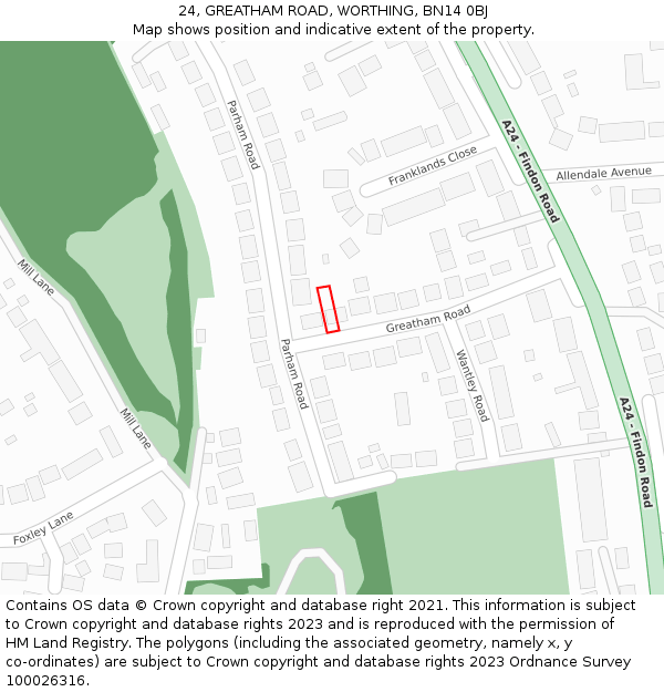 24, GREATHAM ROAD, WORTHING, BN14 0BJ: Location map and indicative extent of plot