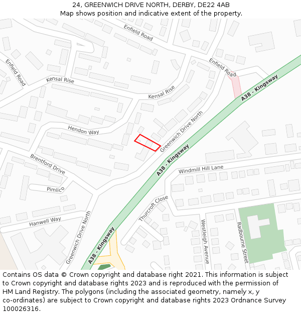 24, GREENWICH DRIVE NORTH, DERBY, DE22 4AB: Location map and indicative extent of plot