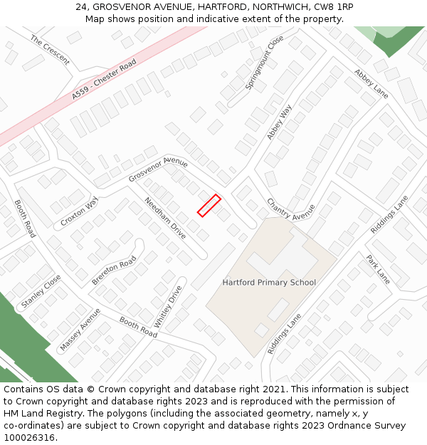 24, GROSVENOR AVENUE, HARTFORD, NORTHWICH, CW8 1RP: Location map and indicative extent of plot