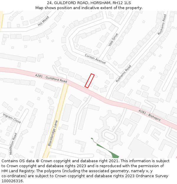 24, GUILDFORD ROAD, HORSHAM, RH12 1LS: Location map and indicative extent of plot