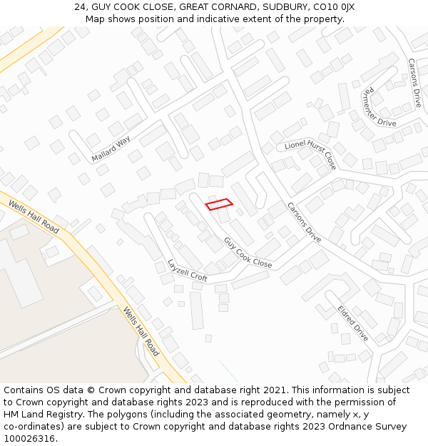 24, GUY COOK CLOSE, GREAT CORNARD, SUDBURY, CO10 0JX: Location map and indicative extent of plot