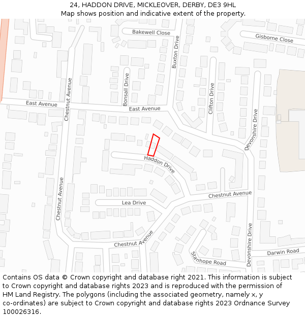24, HADDON DRIVE, MICKLEOVER, DERBY, DE3 9HL: Location map and indicative extent of plot