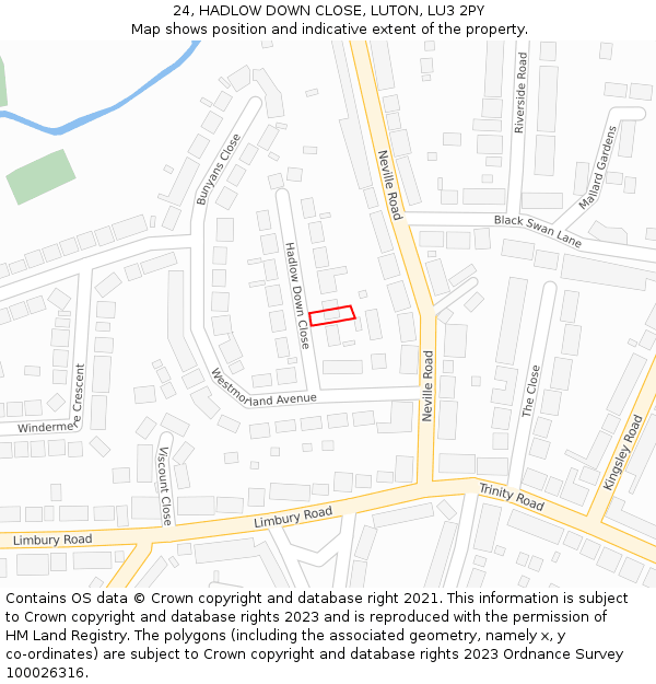 24, HADLOW DOWN CLOSE, LUTON, LU3 2PY: Location map and indicative extent of plot