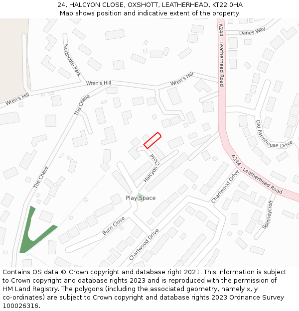 24, HALCYON CLOSE, OXSHOTT, LEATHERHEAD, KT22 0HA: Location map and indicative extent of plot