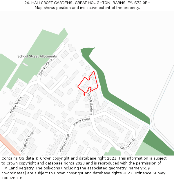 24, HALLCROFT GARDENS, GREAT HOUGHTON, BARNSLEY, S72 0BH: Location map and indicative extent of plot