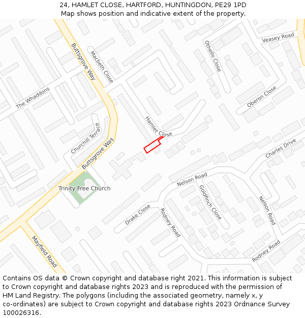 24, HAMLET CLOSE, HARTFORD, HUNTINGDON, PE29 1PD: Location map and indicative extent of plot