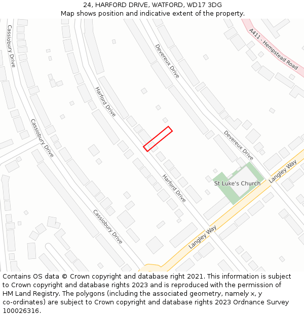 24, HARFORD DRIVE, WATFORD, WD17 3DG: Location map and indicative extent of plot