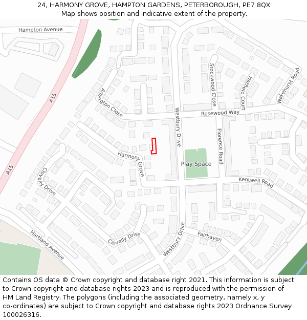 24, HARMONY GROVE, HAMPTON GARDENS, PETERBOROUGH, PE7 8QX: Location map and indicative extent of plot