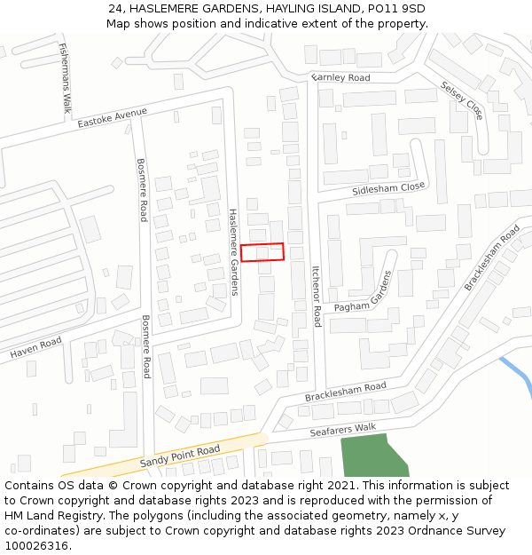 24, HASLEMERE GARDENS, HAYLING ISLAND, PO11 9SD: Location map and indicative extent of plot