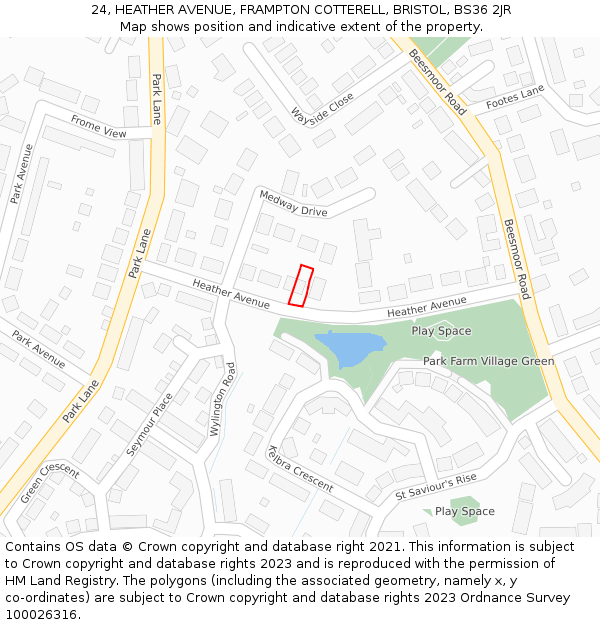 24, HEATHER AVENUE, FRAMPTON COTTERELL, BRISTOL, BS36 2JR: Location map and indicative extent of plot