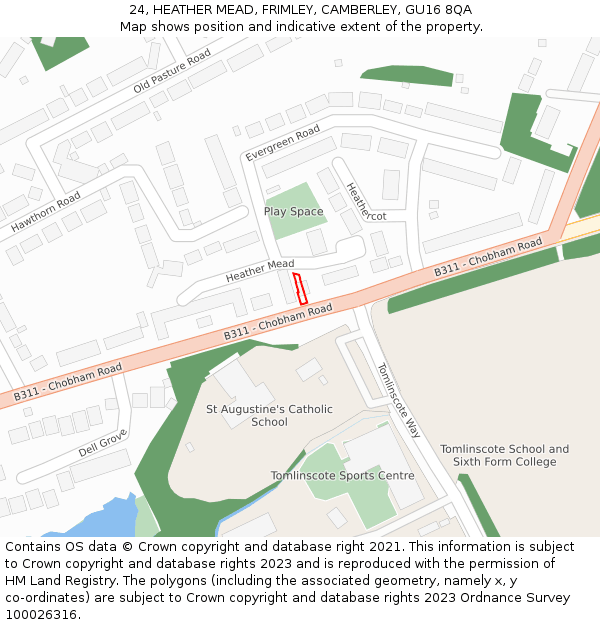 24, HEATHER MEAD, FRIMLEY, CAMBERLEY, GU16 8QA: Location map and indicative extent of plot