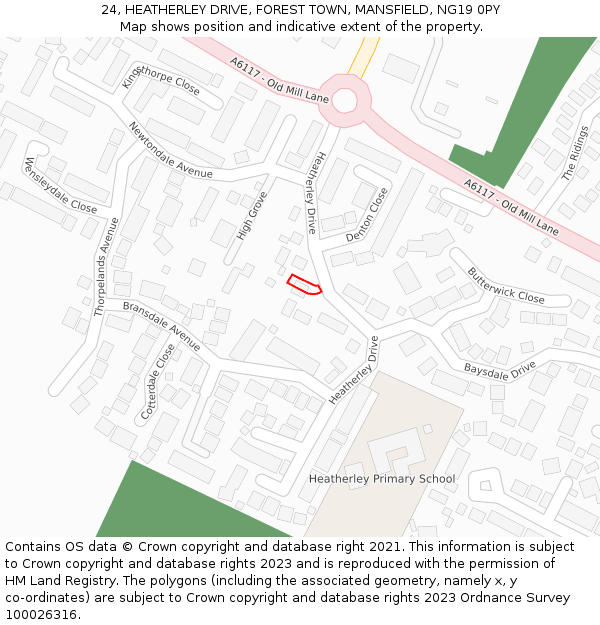 24, HEATHERLEY DRIVE, FOREST TOWN, MANSFIELD, NG19 0PY: Location map and indicative extent of plot