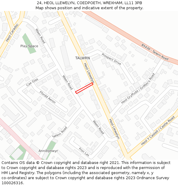 24, HEOL LLEWELYN, COEDPOETH, WREXHAM, LL11 3PB: Location map and indicative extent of plot