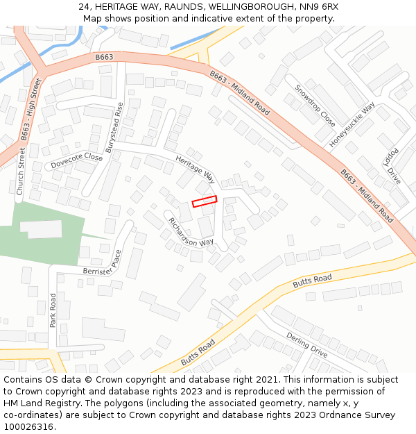 24, HERITAGE WAY, RAUNDS, WELLINGBOROUGH, NN9 6RX: Location map and indicative extent of plot