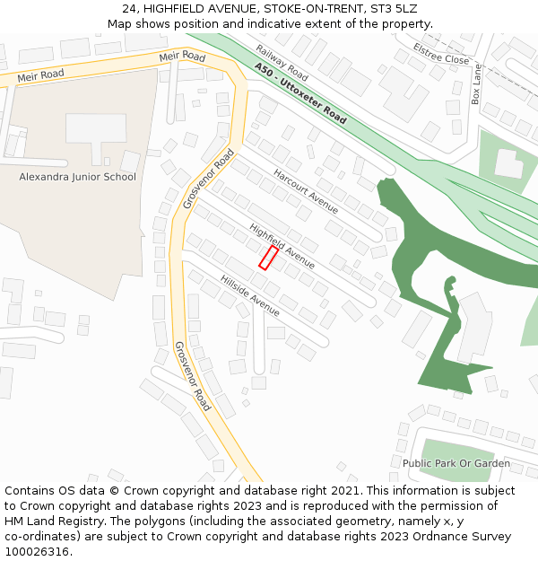 24, HIGHFIELD AVENUE, STOKE-ON-TRENT, ST3 5LZ: Location map and indicative extent of plot