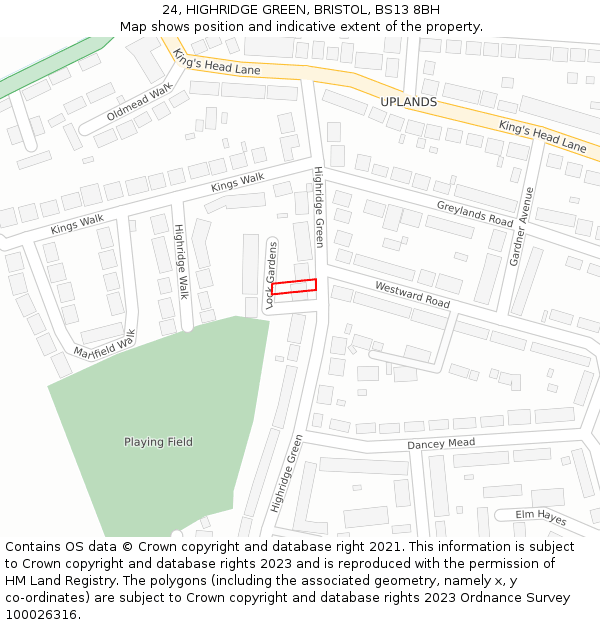 24, HIGHRIDGE GREEN, BRISTOL, BS13 8BH: Location map and indicative extent of plot