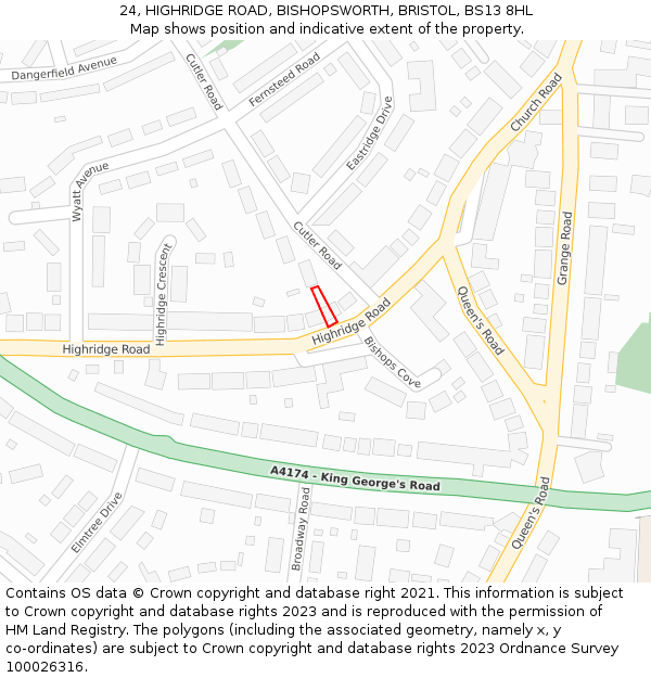 24, HIGHRIDGE ROAD, BISHOPSWORTH, BRISTOL, BS13 8HL: Location map and indicative extent of plot