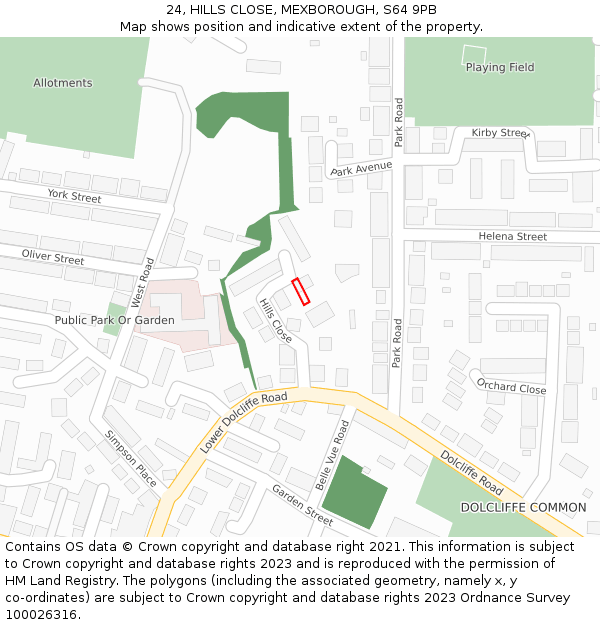 24, HILLS CLOSE, MEXBOROUGH, S64 9PB: Location map and indicative extent of plot