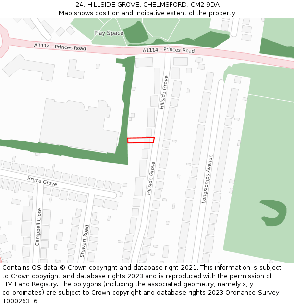24, HILLSIDE GROVE, CHELMSFORD, CM2 9DA: Location map and indicative extent of plot