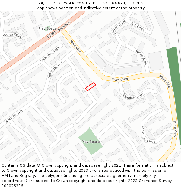 24, HILLSIDE WALK, YAXLEY, PETERBOROUGH, PE7 3ES: Location map and indicative extent of plot