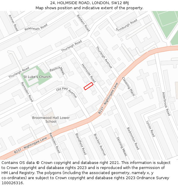 24, HOLMSIDE ROAD, LONDON, SW12 8RJ: Location map and indicative extent of plot