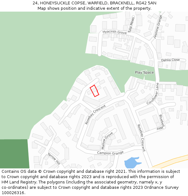 24, HONEYSUCKLE COPSE, WARFIELD, BRACKNELL, RG42 5AN: Location map and indicative extent of plot