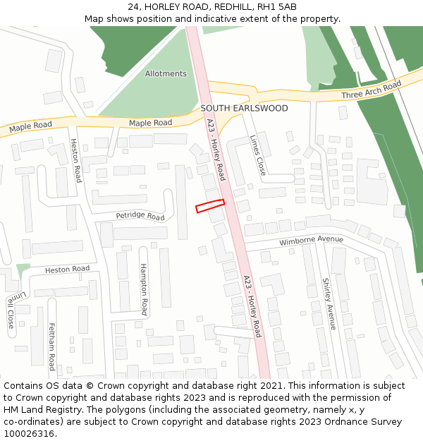 24, HORLEY ROAD, REDHILL, RH1 5AB: Location map and indicative extent of plot