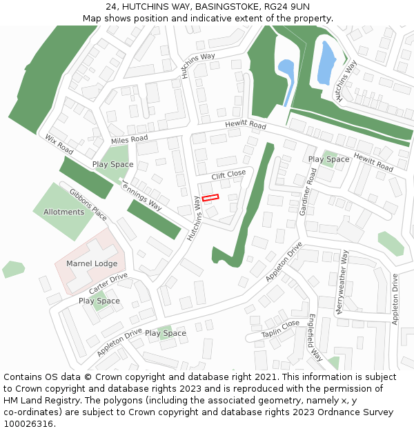 24, HUTCHINS WAY, BASINGSTOKE, RG24 9UN: Location map and indicative extent of plot