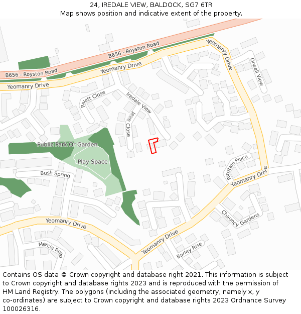 24, IREDALE VIEW, BALDOCK, SG7 6TR: Location map and indicative extent of plot