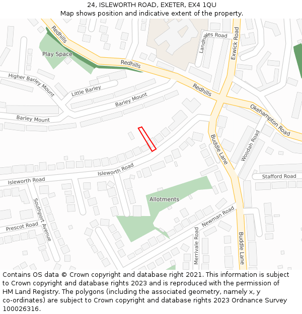 24, ISLEWORTH ROAD, EXETER, EX4 1QU: Location map and indicative extent of plot
