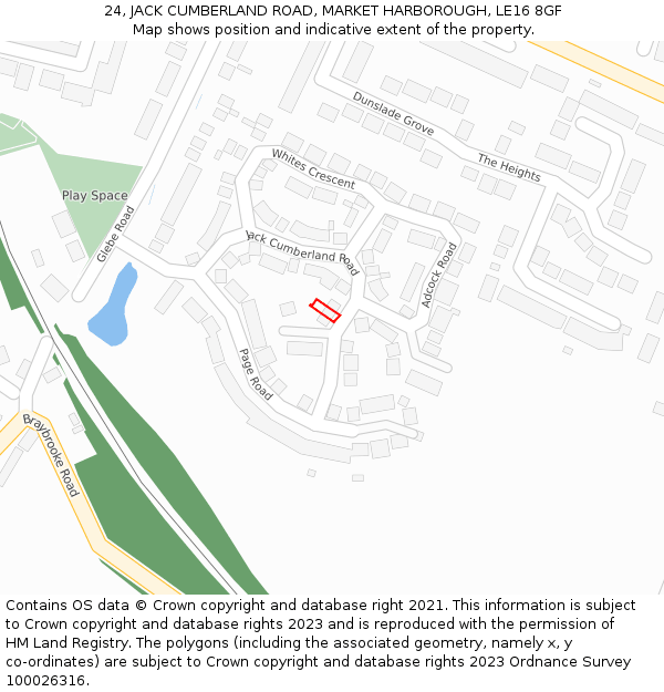 24, JACK CUMBERLAND ROAD, MARKET HARBOROUGH, LE16 8GF: Location map and indicative extent of plot