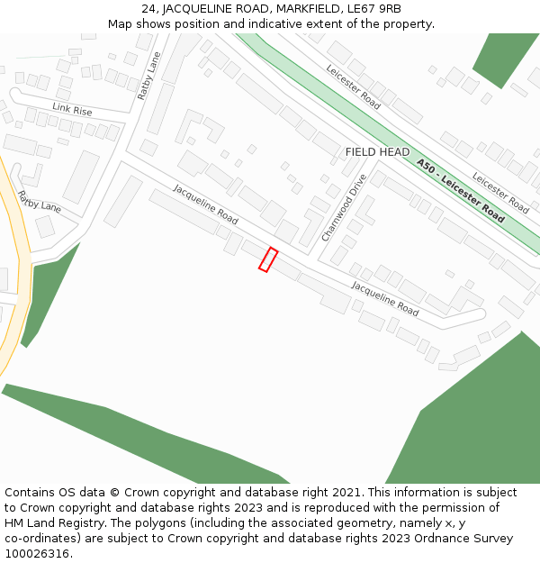 24, JACQUELINE ROAD, MARKFIELD, LE67 9RB: Location map and indicative extent of plot