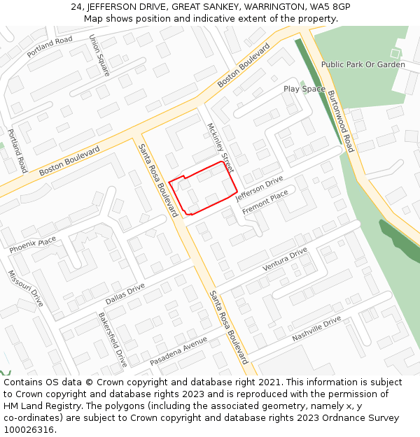 24, JEFFERSON DRIVE, GREAT SANKEY, WARRINGTON, WA5 8GP: Location map and indicative extent of plot