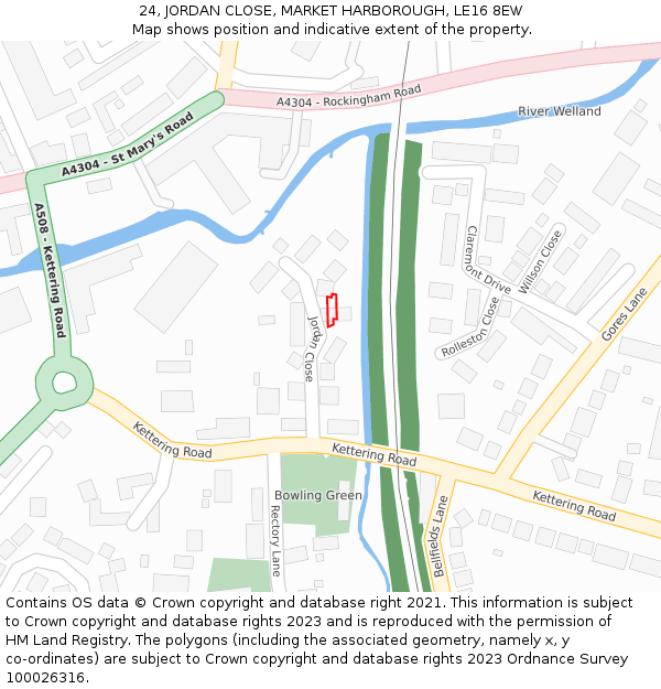 24, JORDAN CLOSE, MARKET HARBOROUGH, LE16 8EW: Location map and indicative extent of plot