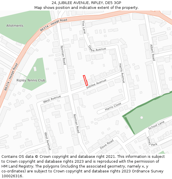 24, JUBILEE AVENUE, RIPLEY, DE5 3GP: Location map and indicative extent of plot