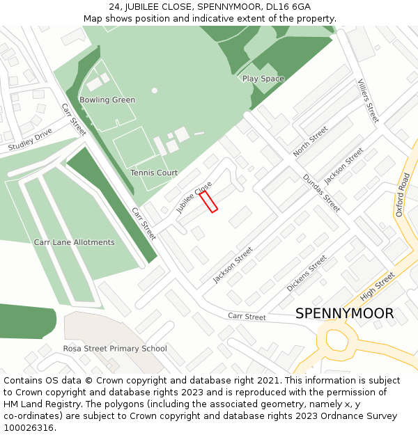 24, JUBILEE CLOSE, SPENNYMOOR, DL16 6GA: Location map and indicative extent of plot