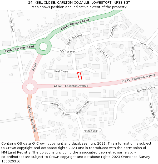 24, KEEL CLOSE, CARLTON COLVILLE, LOWESTOFT, NR33 8GT: Location map and indicative extent of plot