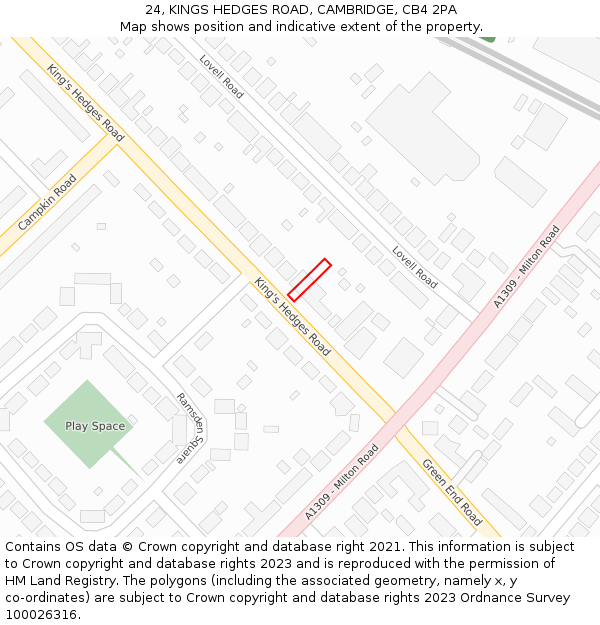 24, KINGS HEDGES ROAD, CAMBRIDGE, CB4 2PA: Location map and indicative extent of plot