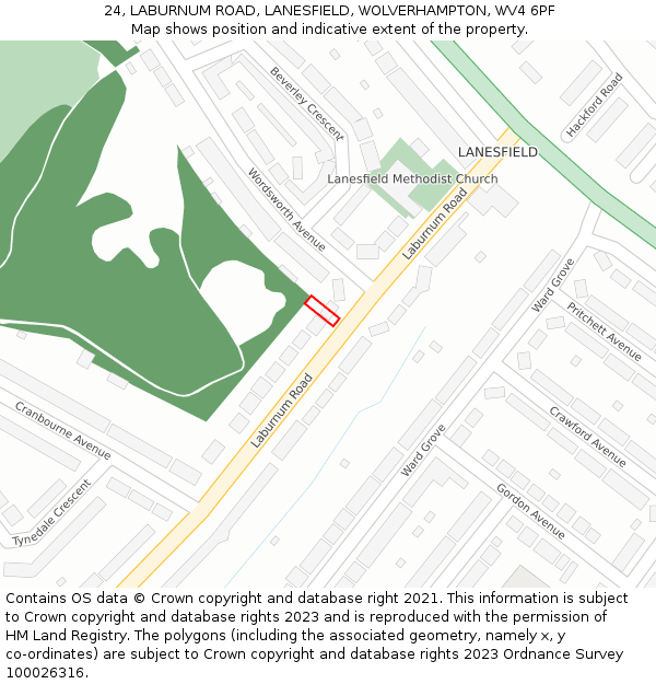 24, LABURNUM ROAD, LANESFIELD, WOLVERHAMPTON, WV4 6PF: Location map and indicative extent of plot