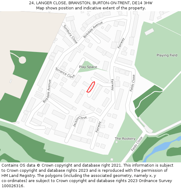 24, LANGER CLOSE, BRANSTON, BURTON-ON-TRENT, DE14 3HW: Location map and indicative extent of plot