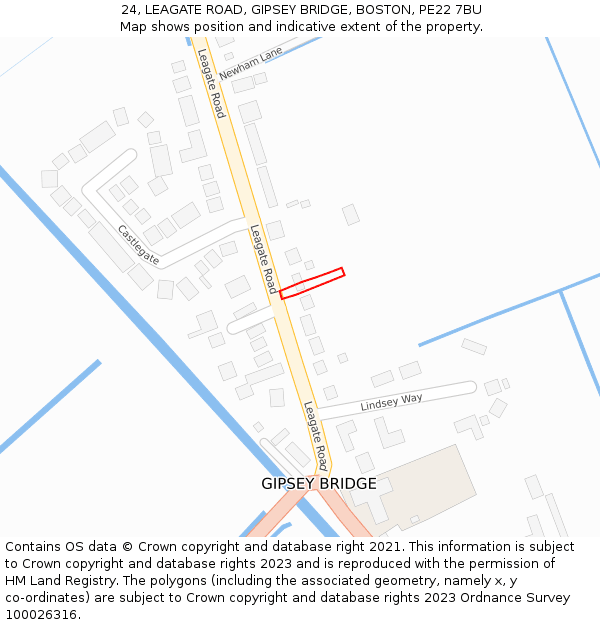 24, LEAGATE ROAD, GIPSEY BRIDGE, BOSTON, PE22 7BU: Location map and indicative extent of plot