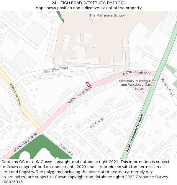 24, LEIGH ROAD, WESTBURY, BA13 3QL: Location map and indicative extent of plot