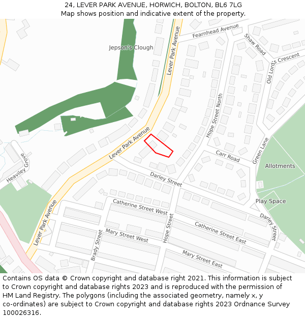 24, LEVER PARK AVENUE, HORWICH, BOLTON, BL6 7LG: Location map and indicative extent of plot