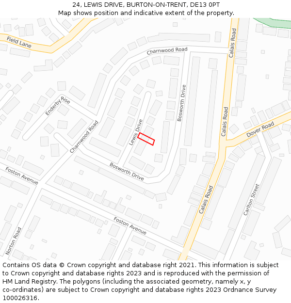24, LEWIS DRIVE, BURTON-ON-TRENT, DE13 0PT: Location map and indicative extent of plot