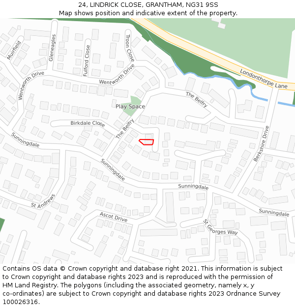 24, LINDRICK CLOSE, GRANTHAM, NG31 9SS: Location map and indicative extent of plot