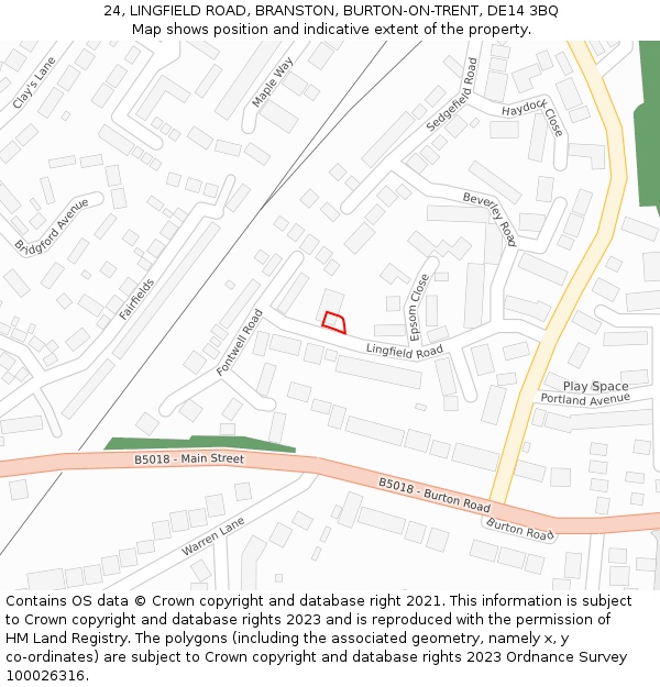 24, LINGFIELD ROAD, BRANSTON, BURTON-ON-TRENT, DE14 3BQ: Location map and indicative extent of plot