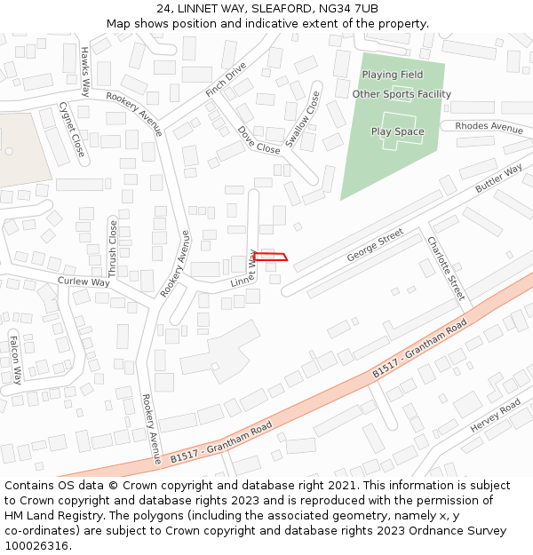 24, LINNET WAY, SLEAFORD, NG34 7UB: Location map and indicative extent of plot