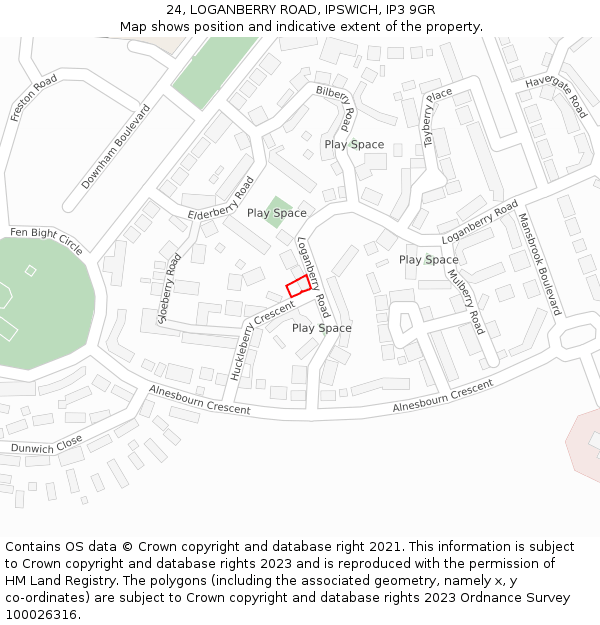 24, LOGANBERRY ROAD, IPSWICH, IP3 9GR: Location map and indicative extent of plot