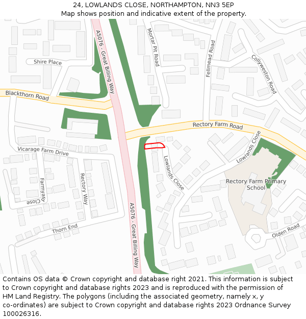 24, LOWLANDS CLOSE, NORTHAMPTON, NN3 5EP: Location map and indicative extent of plot